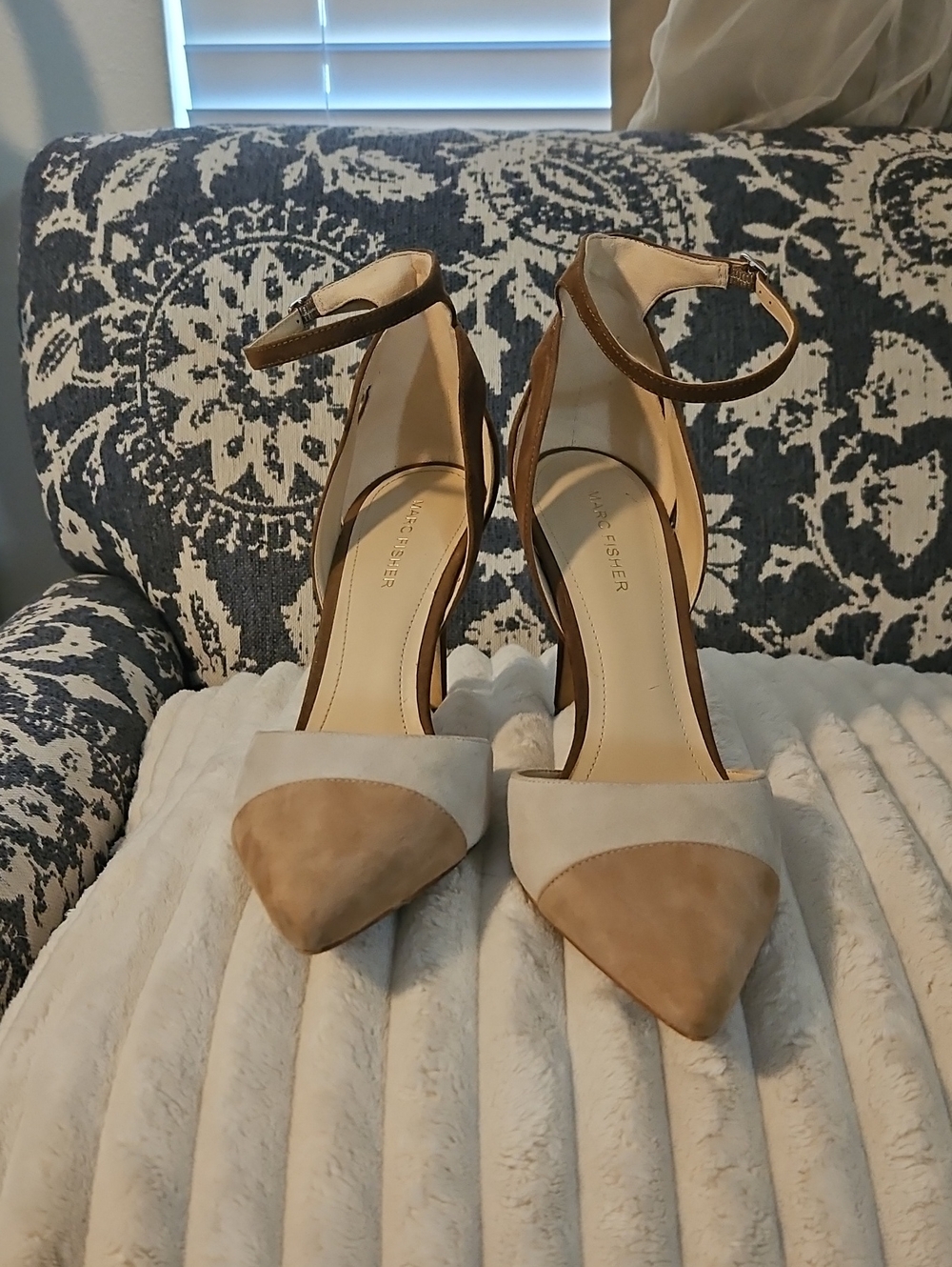Marc Fisher Two-Tone Pointed Ankle-Strap Pumps in Beige and Taupe